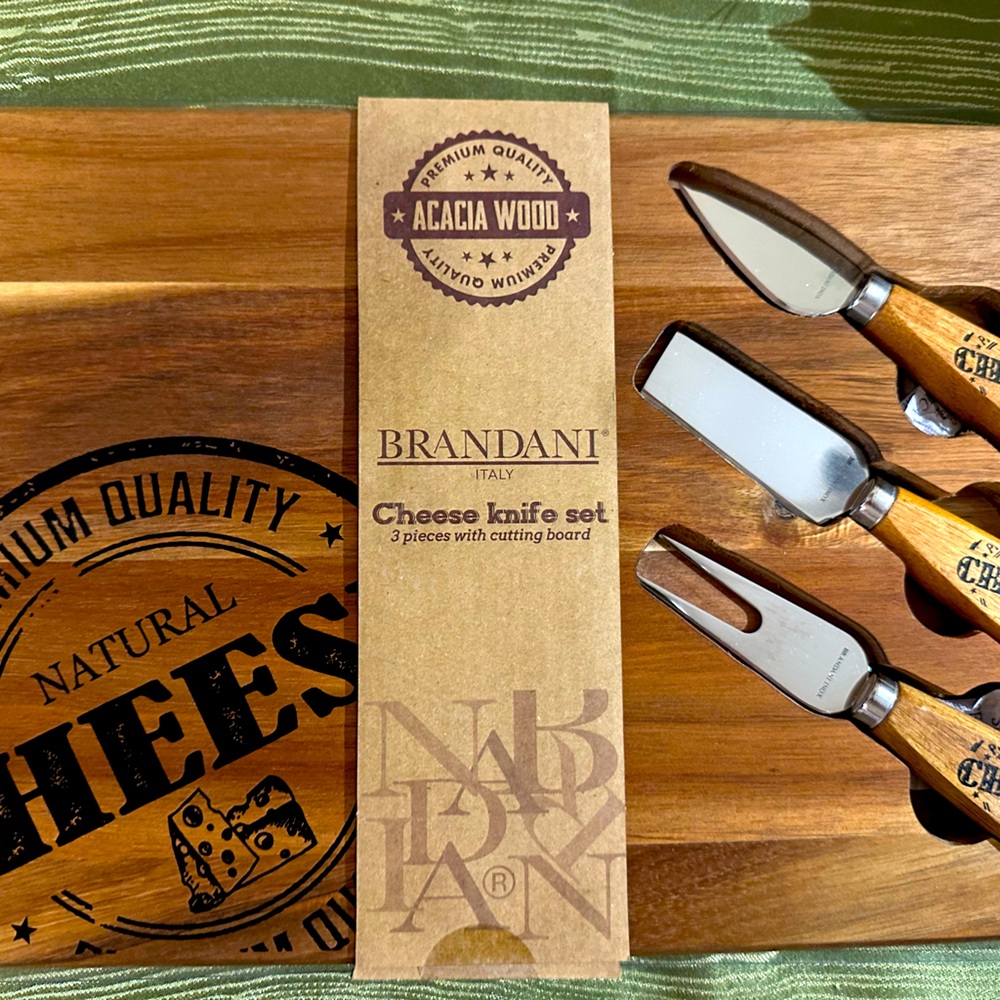 Brandani Italy Cheese Knife Board Acacia Wood 14X9" 4 Piece Set  NEW~ Gift!